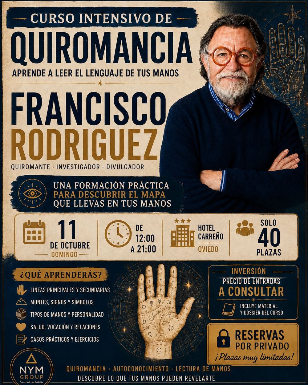 Cartel: Francisco Rodríguez en Asturias — Curso de quiromancia, 11 de octubre, Hotel Carreño, Oviedo